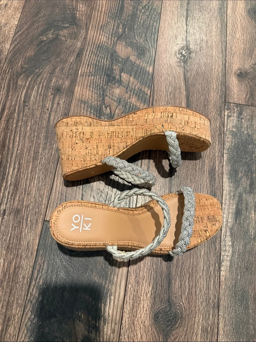 New!! Size 9 - Crystal Strap Cork Wedge Sandals - Silver